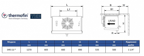 Воздухоохладитель Thermofin серии TEB, 045-11-E-N-W5-060-E, 6 мм, 1*450мм, 14,5 кВт/ 10 кВт (SC2 / SC3)