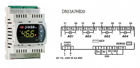 КОНТРОЛЛЕР УНИВЕРСАЛЬНЫЙ CAREL DN33 UNIV 2NTC/PTC/PT1000, 4SSR, BUZ, IR, 115 to 230 Vac, RTC