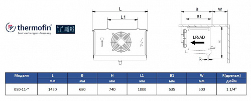 Воздухоохладитель Thermofin серии TEB, 050-11-E-N-W5-070-E, 7 мм, 1*500мм, 16,9 кВт/ 11,6 кВт (SC2 / SC3)